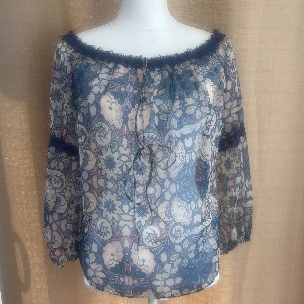 Foxiedox Floral Sheer Off-Shoulder Blouse - Blue and Black
